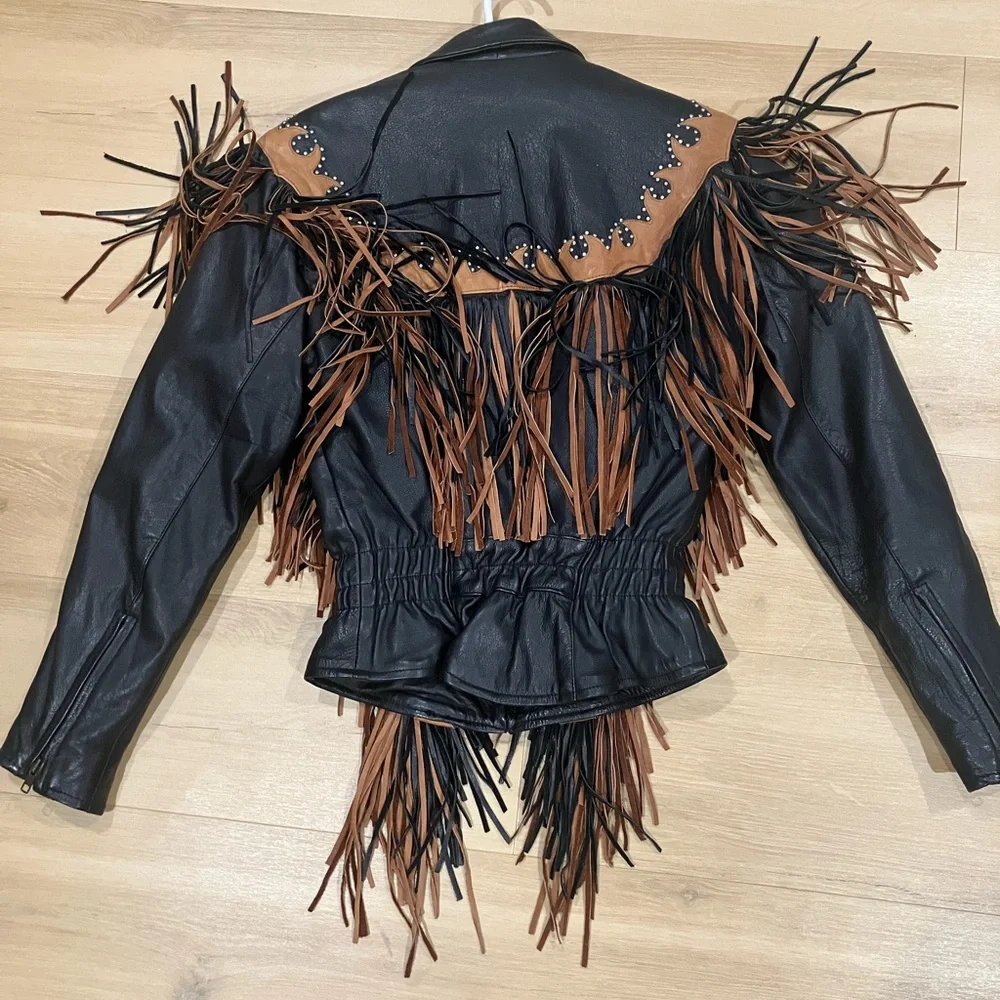 Black and Brown Fringe Leather Jacket - Picture 3 of 5